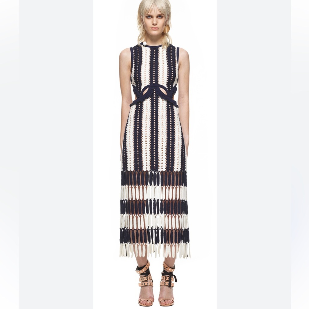 Self Portrait Knit Blue and White Fringe Dress Size 4